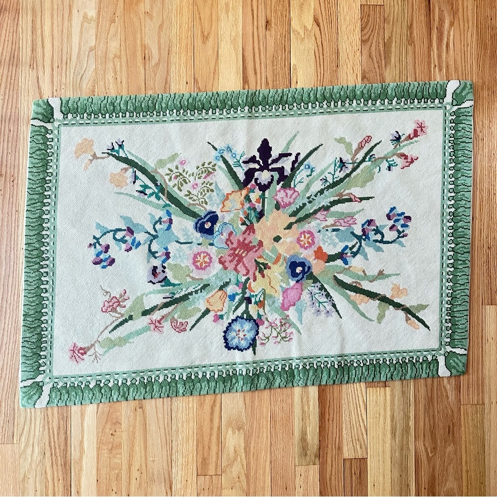 Vintage Handmade Needlepoint Rug 28”x41” – Colorful Spring Bouquet